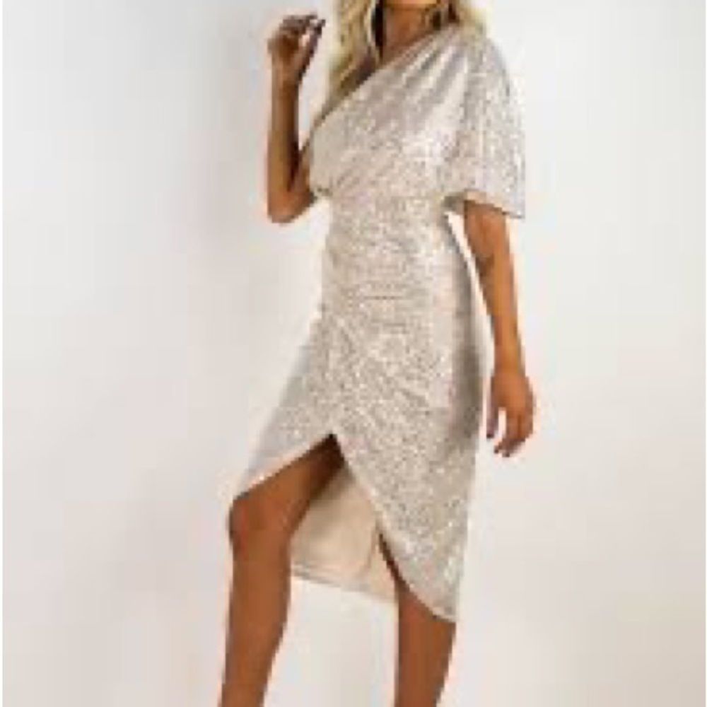 DO+BE Women Linsey One Sleeve Silver Sequin Cream Dress MIDI Small NWOT